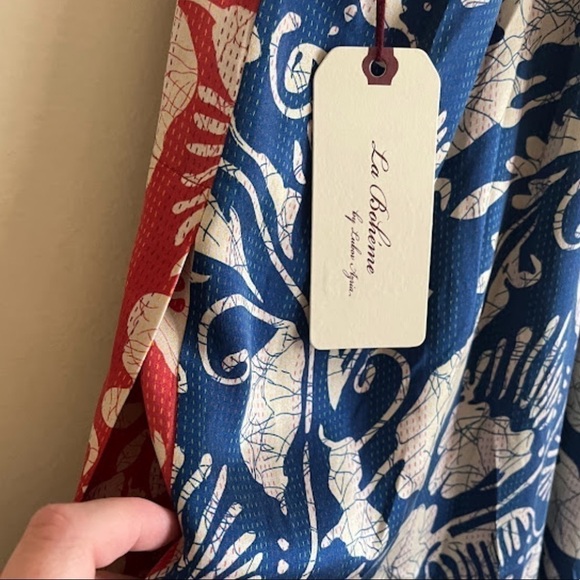 BCBGMAXAZRIA La Boheme Red/ Blue Laguna Deco Floral 100% Silk Slip Dress NWT - Picture 5 of 8